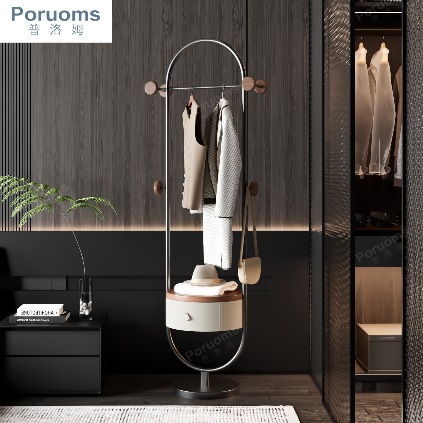 现代简约椭圆形衣帽架北欧高级落地式金属客厅玄关卧室储物收纳架