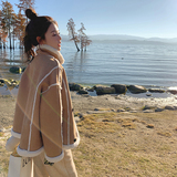 棕色皮毛一体羊羔毛麂皮绒外套女2023秋冬新款小个子加厚机车棉服，女装短外套，浙宝173