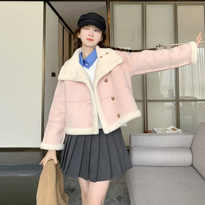 现货 粉色羊羔毛2024年新款韩版宽松麂皮绒外套8318-P185-K268，女装短外套，浙宝173