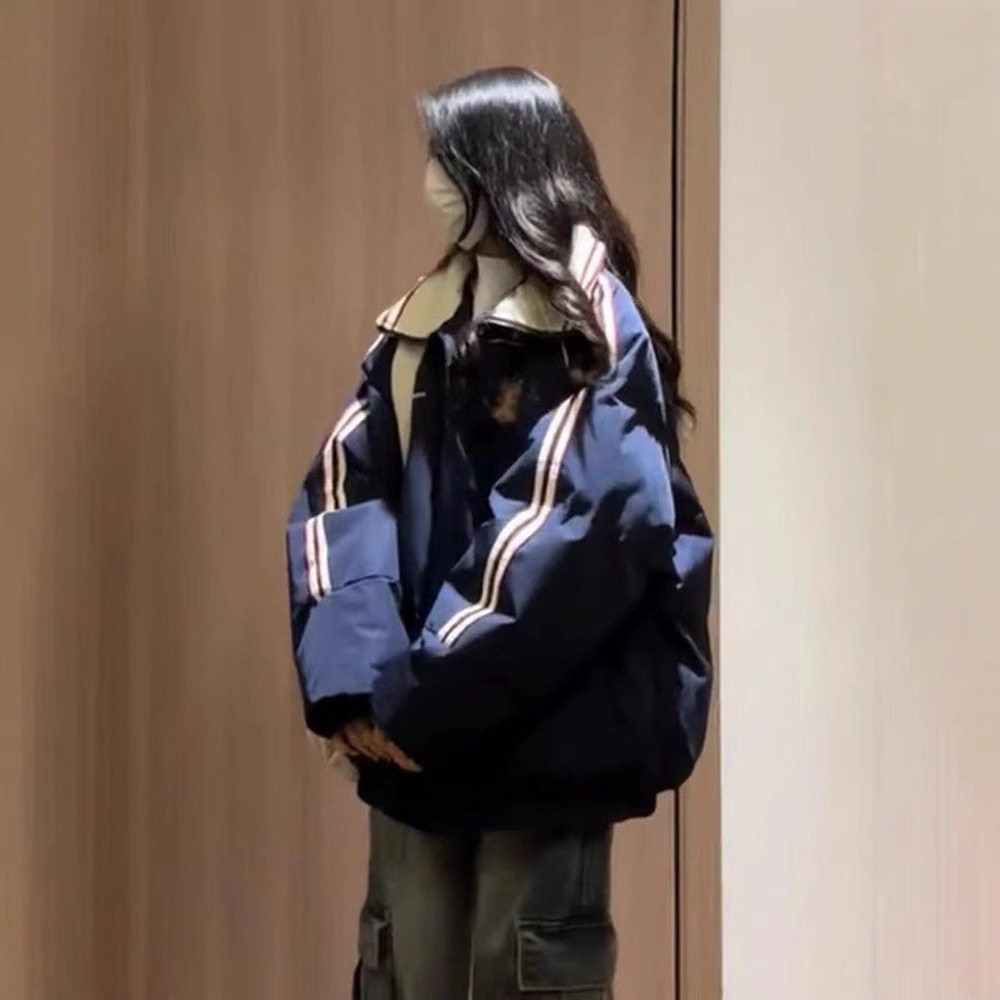 复古藏青色棉服女美式情侣秋冬宽松oversize学院风休闲百搭外套潮