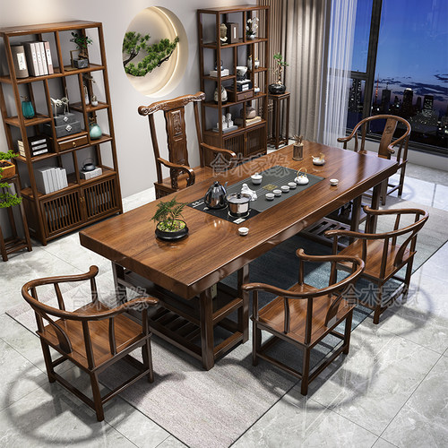 新中式实木大板茶桌椅组合一桌五椅原木茶几家用办公室泡茶台一体