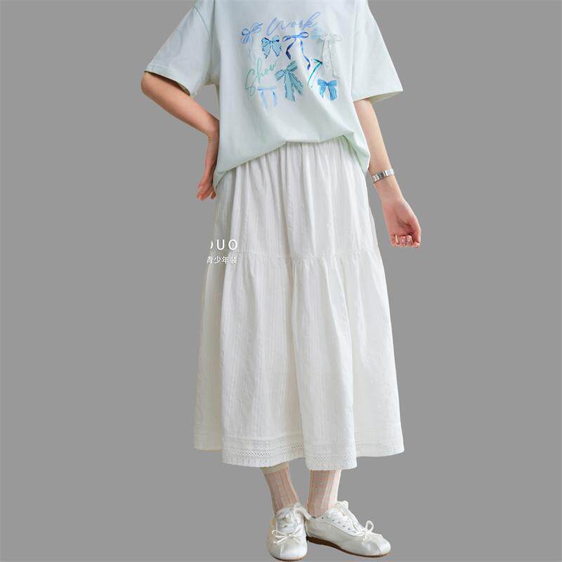 艾米可多白色半身裙女中长款高腰A字裙文艺风松弛感伞裙棉布裙子