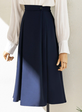 春季2026夏新款深蓝色百褶西装裙高腰通勤职业A字垂感半身裙0115k