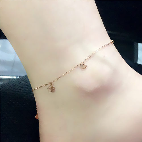 14K玫瑰金爱心玫瑰脚链