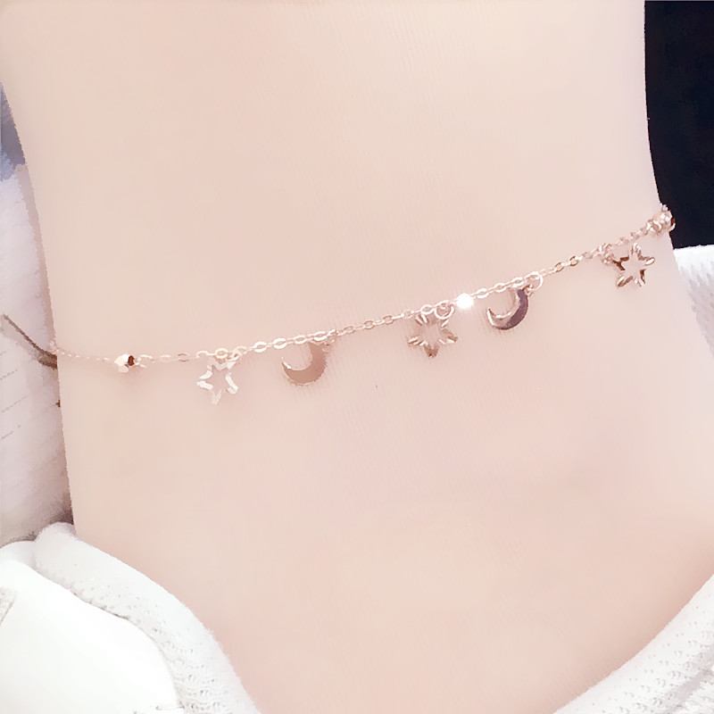 14K玫瑰金星星月牙脚链