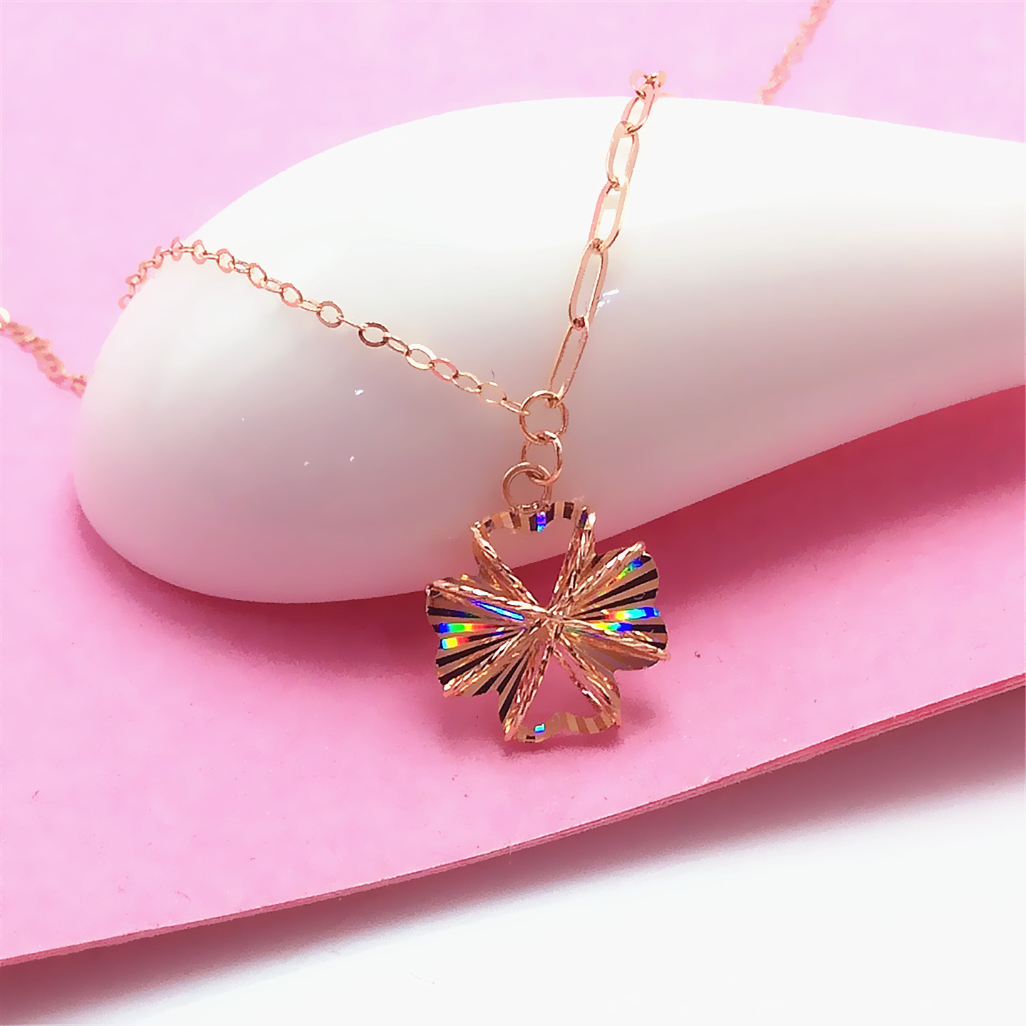 太太珠宝585紫金炫彩拉丝四叶草女士套链时尚14K玫瑰金气质项链