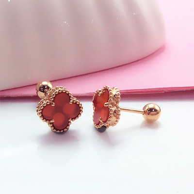 14K玫瑰金红色四叶草螺丝耳钉