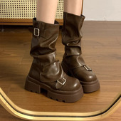 棕色百搭厚底增高马丁靴女2025年新款 复古美拉德中筒靴子 春秋冬季