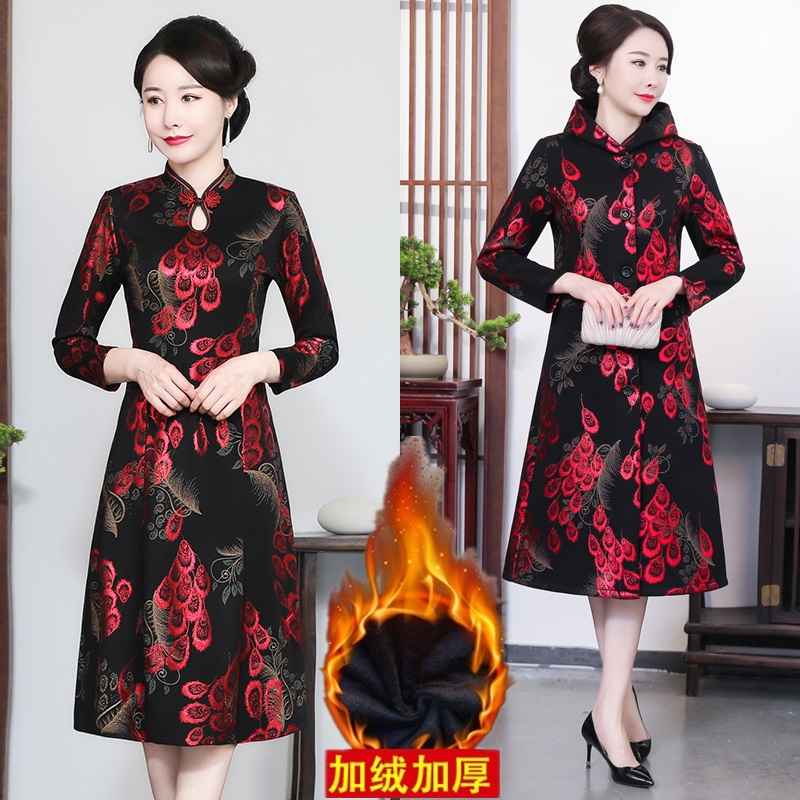 改良款旗袍裙子秋冬季加绒妈妈装连帽加厚风衣外套中国风两件套装