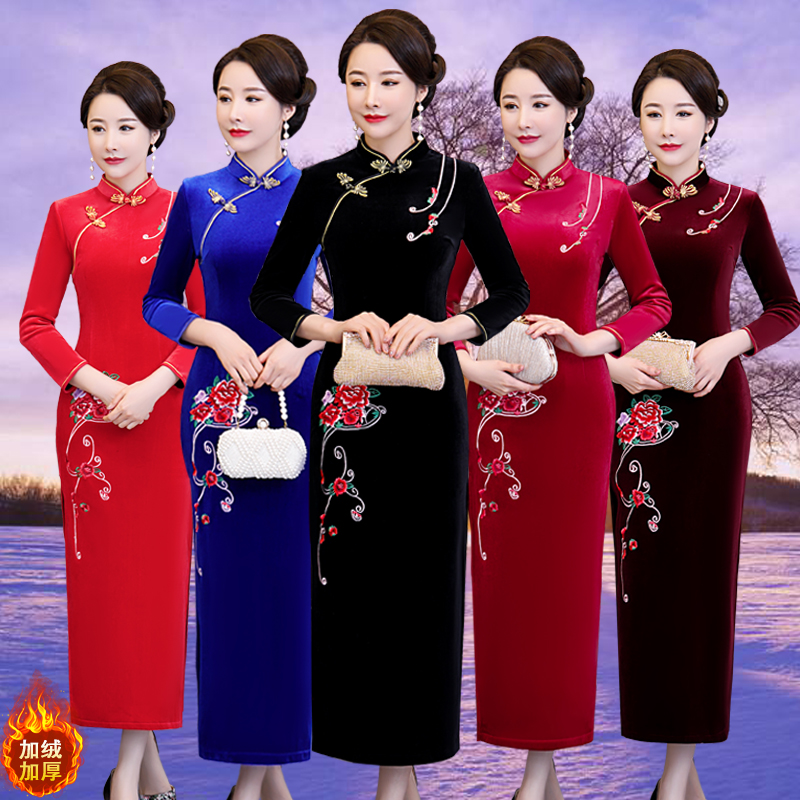 旗袍中年女刺绣妈妈装长款加绒