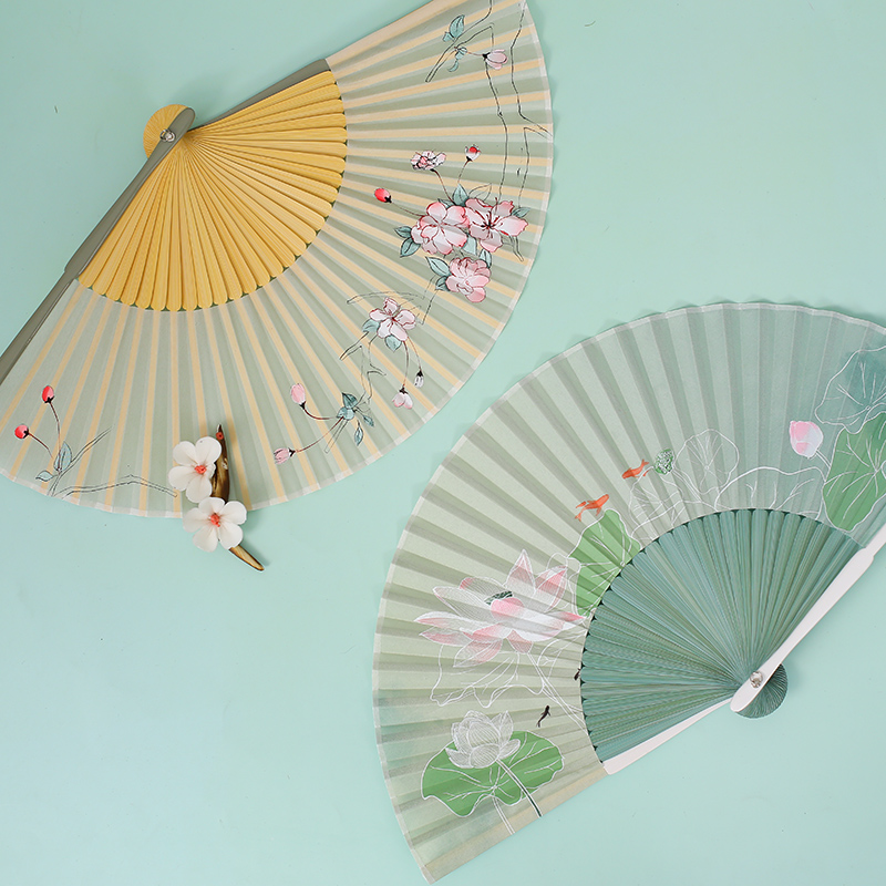 中国风扇子古风折扇汉服桃花旗袍舞蹈扇便携古典绿色荷花女折叠扇