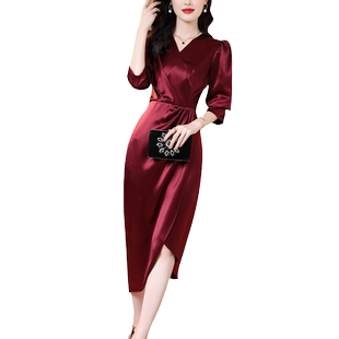 三醋酸连衣裙女长袖2026春夏新款喜婆婆婚宴装不规则中长款包臀裙