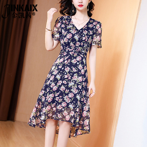 碎花雪纺连衣裙女2025春夏装新款名媛气质显瘦V领中长款a字裙短袖