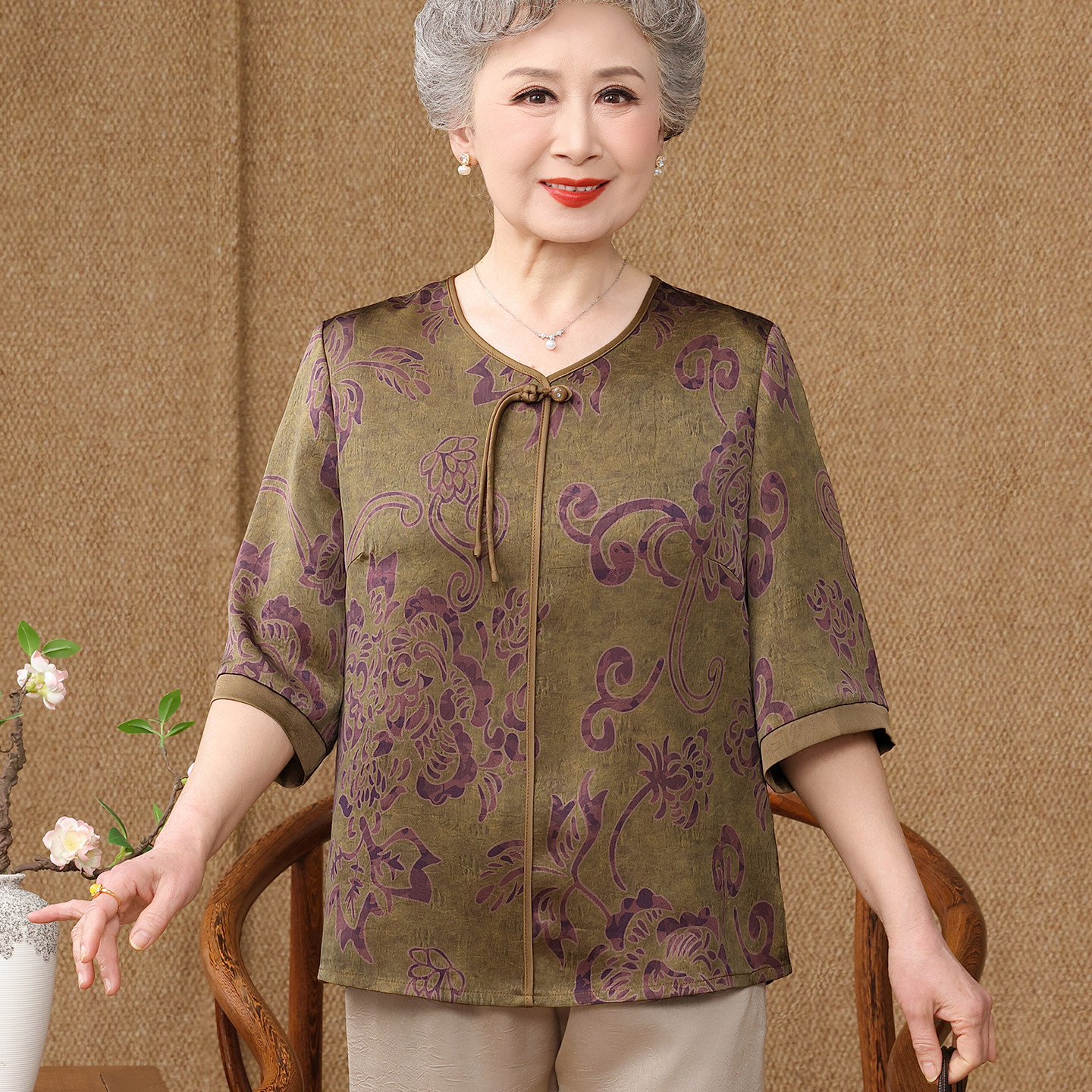 中老年女装七分袖印花t恤衬衫妈妈装洋气宽松上衣奶奶装国风女装