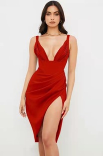 欧美风女装 礼服裙红色潮 跨境eBay纯色吊带性感开衩连衣裙女装 新款