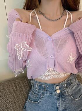 泽西风穿搭紫色薄款长袖针织开衫女韩系温柔仙女蝴蝶短款甜辣上衣