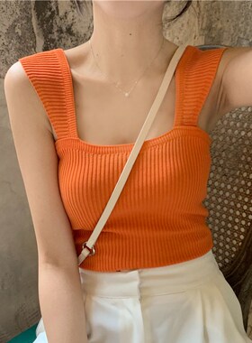 韩国学院风ins显瘦显白亮色橙色桔橘色针织打底衫背心吊带女夏装