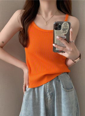 韩国学院风亮橙色橘色桔色修身显瘦小背心吊带针织打底衫上衣女夏