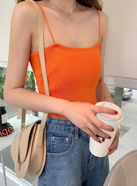 2020夏季薄款韩国chic亮色橘色橙色桔色显瘦显白针织小背心吊带女