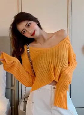 橘色V领长袖针织T恤女夏季韩版慵懒冰丝镂空薄款防晒短款桔色上衣