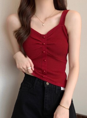 法式复古纯欲风酒红色针织吊带女夏季韩系辣妹风枣红短款背心内搭