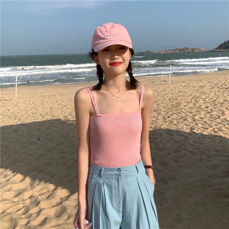 韩国chic港味港风气质女神显瘦显白骚粉色淡粉色针织背心吊带女夏