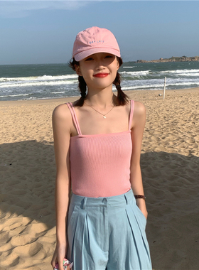 韩国chic港味港风气质女神显瘦显白骚粉色淡粉色针织背心吊带女夏
