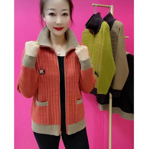 妈妈新款拉链针织撞色开衫宽松中老年上衣春秋翻领毛衣休闲外套