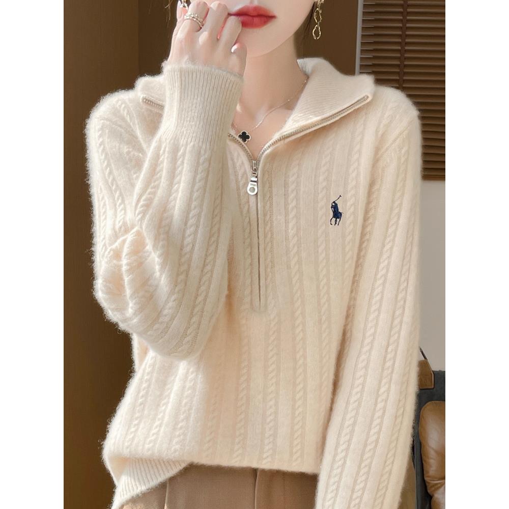 半拉炼翻领针织衫女2025秋冬新款套头宽松慵懒风百搭毛衣长袖上衣