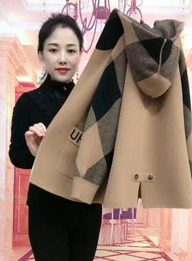 新款通勤连帽韩版休闲双面绒针织长袖格子短款外套中年气质女开衫