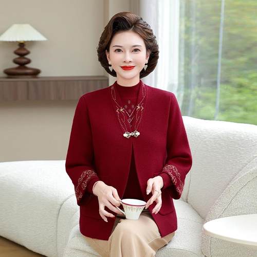 喜妈妈秋装上衣红色两件套开衫中老年女春秋外套婚宴婆婆新年衣服