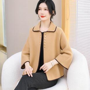 中年女士小香风短款毛呢外套春季新款针织开衫小个子纯色遮肚上衣