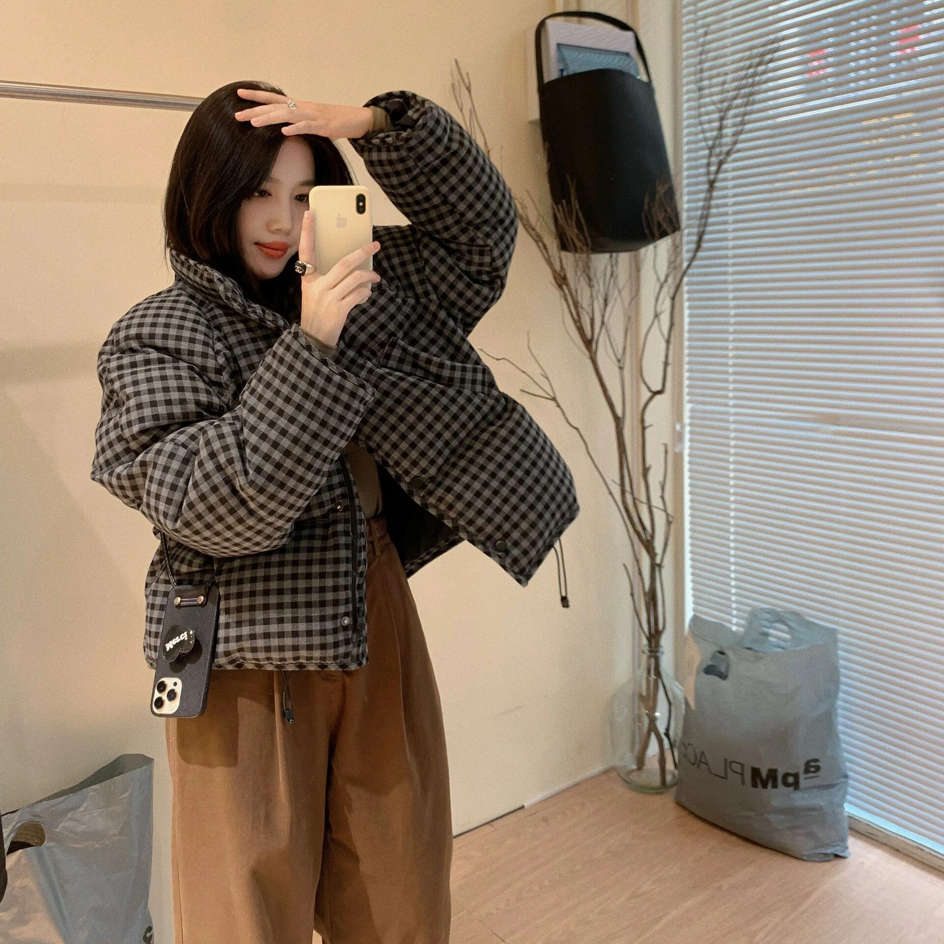 超好看格子立领羽绒棉服女秋冬季2025年新款宽松加厚棉衣夹棉外套
