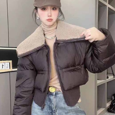 韩系时尚羊羔毛拼接大翻领羽绒棉服女冬季新款小个子收腰短款外套
