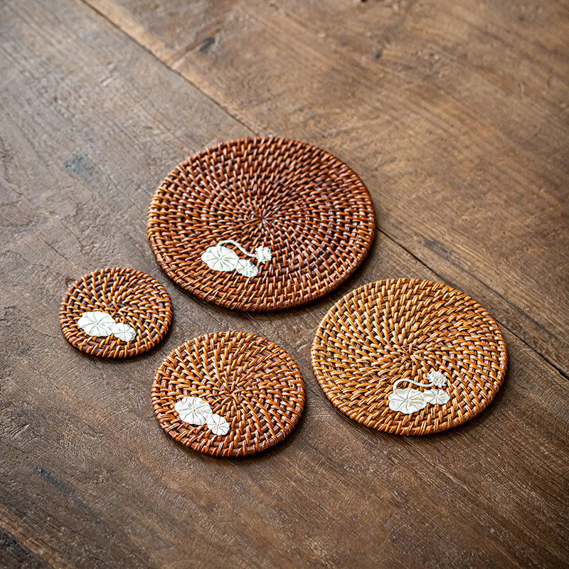 大漆藤编镶锡杯垫手作圆形茶杯垫 编织壶碗碟锅隔热 餐垫茶具配件