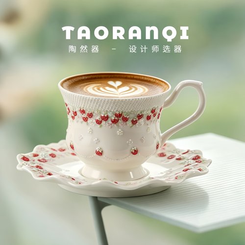 手绘立体草莓法式高颜值咖啡杯拿铁拉花杯子精致闺蜜女友生日礼物