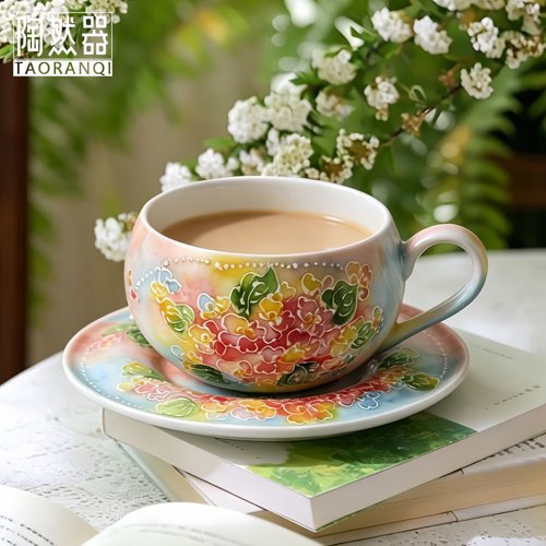 中古风特别好看咖啡杯带碟套装女士高颜值手绘绣球花家用水杯杯子