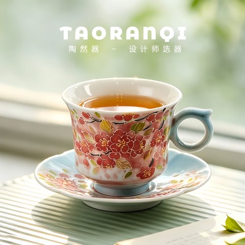 中古风手绘桃花精致咖啡杯女士高颜值景德镇家用水杯茶杯闺蜜礼物
