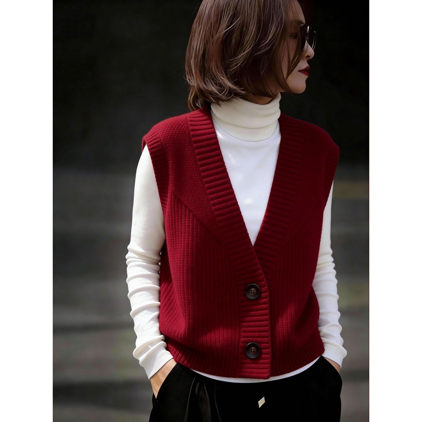 100%纯棉法式复古V领红色针织马甲女通勤单排扣洋气时髦叠穿背心,女装/女士精品,毛针织衫,淘宝优惠券,粉丝福利购,淘宝优惠卷