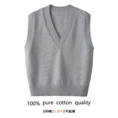 100%纯棉V领无袖 针织马甲女灰色背心极简风毛衣坎肩2025秋冬叠穿