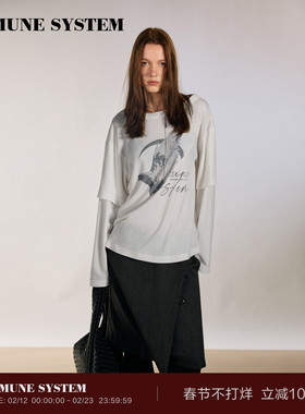 immune system 白色解构分割线飞鸟剪影印花假两件天丝羊毛长袖