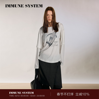 immune system 白色解构分割线飞鸟剪影印花假两件天丝羊毛长袖