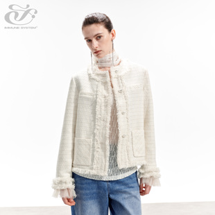 immune system 典雅白薄纱袖口垫肩小香风外套拼接夹克