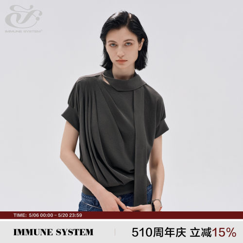 immune system 高雅氛围 抽褶飘带领莱赛尔棉蝴蝶结短袖T恤上衣