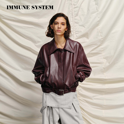 immune system 深邃酒红 环保皮翻领短款外套机车皮夹克皮衣