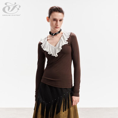 immune system 宫廷风花边拼接棕色V领长袖