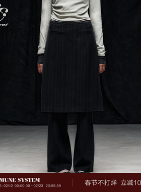 immune system免疫系统  叠穿设计竖条纹假两件遮胯微喇裤裙长裤