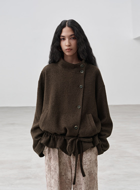 immune system 棕色毛呢肌理立领宽松羊毛夹克外套
