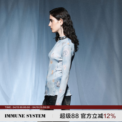 immune system免疫系统 蓝色海洋 珍珠不规则印花褶皱网纱长袖