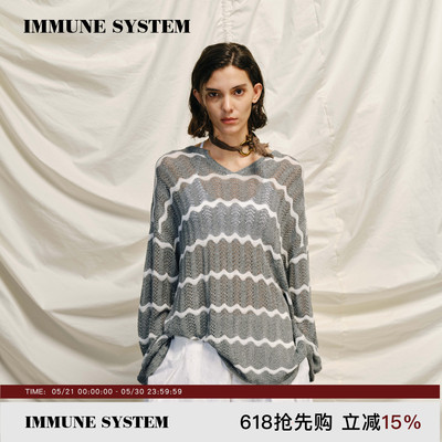 immune system 慵懒针织 灰色海浪条纹镂空编织轻薄针织衫长袖